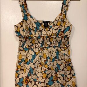 Eyeshadow Teal, Mustard & Cream Leaf-Print Smocked Tank Top